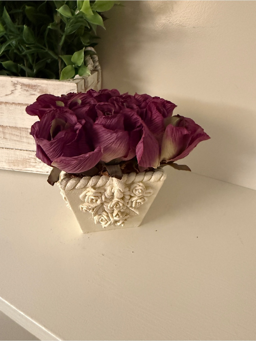 Decorative Faux Purple Floral Arrangement in Embossed Rose Planter Cottage Chic